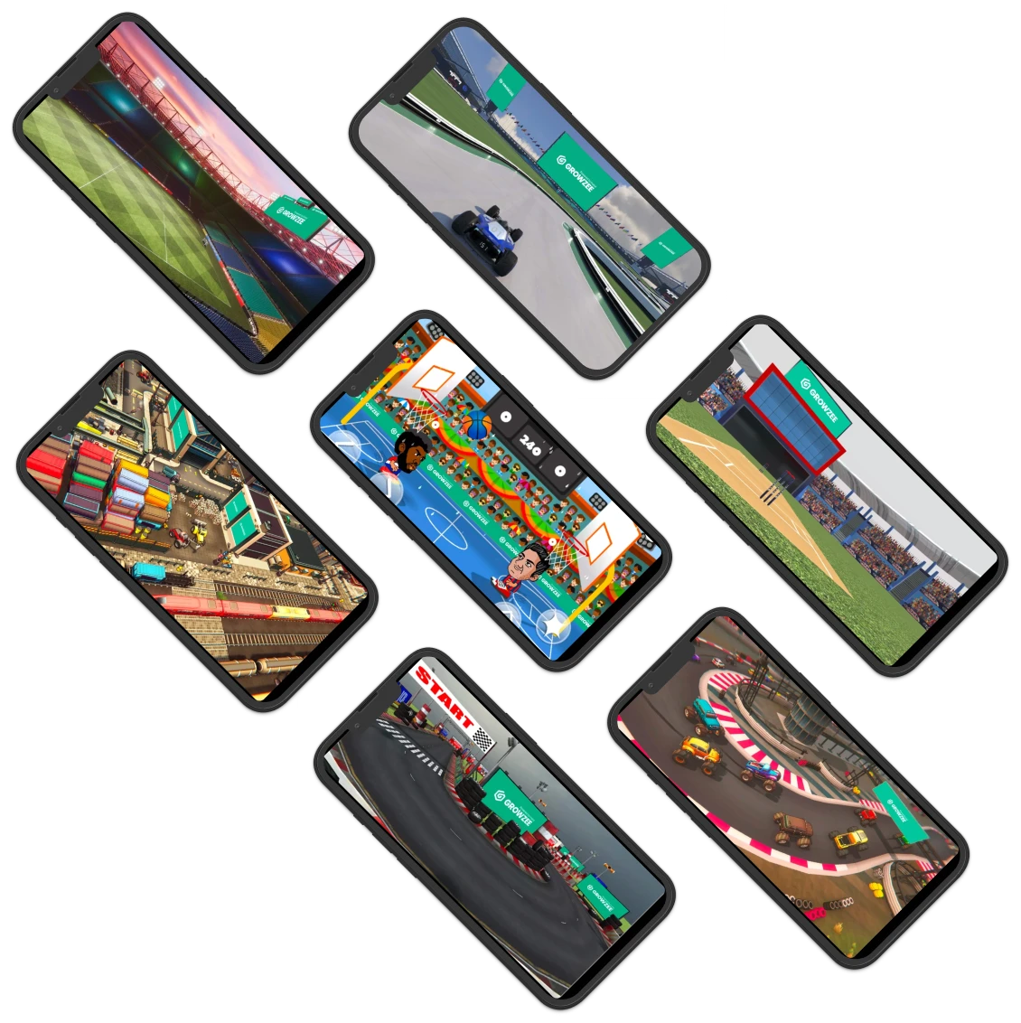 Smartphones showing in-game ads in different mobile games